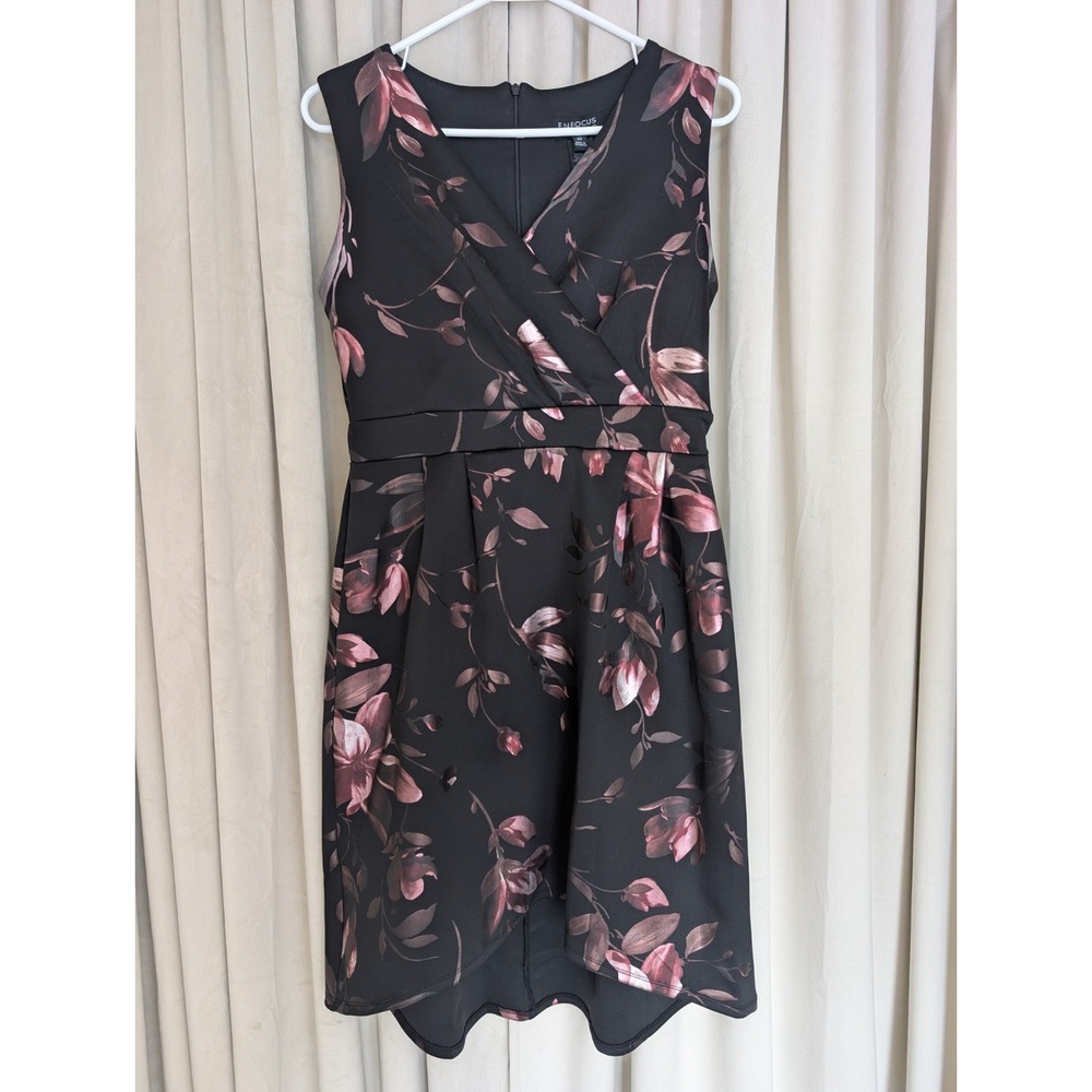 Womens En Focus Studio Black Pink Floral Fit & Flare Dress 10 Excellent V-Neck